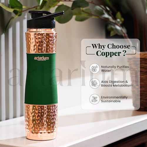 Image of Artarium Pure Copper Sipper Water Bottle 1 Litre Durable Bottle Leak Proof Rust Free Copper Bottle With Added Ayurveda Yoga Health Benefits (Sipper Water Bottle Green 29Cm)