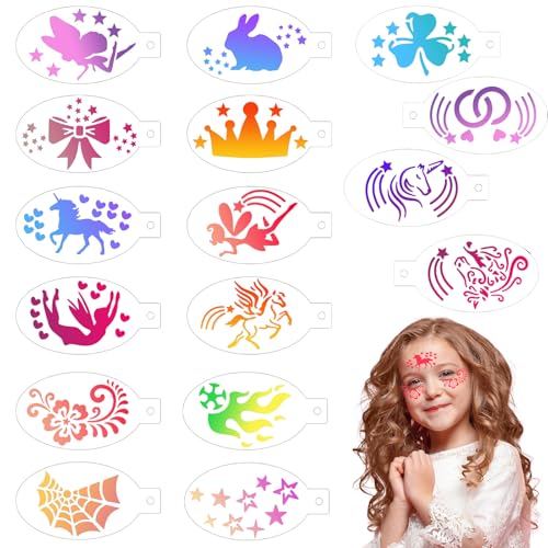 Yeomju Set di 16 stencil per tatuaggi per bambini, modelli di trucco per bambini, con brillantini, tatuaggi temporanei per feste di vacanza, Halloween