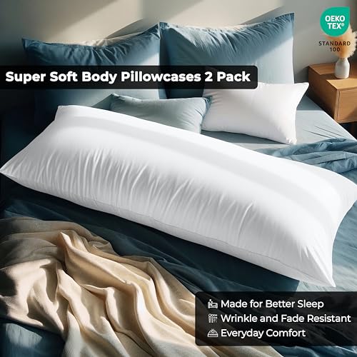 Image of ROYALE LINENS Body Pillow Cover - Double Brushed 1800 Microfiber - 20 inchx54 inch with Hidden Zipper Closure - Wrinkle & Fade Resistant - Super Soft Body Pillowcase 2 Pack (White, Pack of 2)