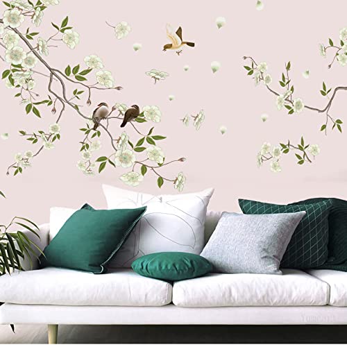 Gusuhom Birds on Tree Branch Wall Decals Watercolor Blossom Flower Wall Stickers Removable DIY Floral Nature Wall Art Murals Home Decoration for Bedroom Living Room TV Background