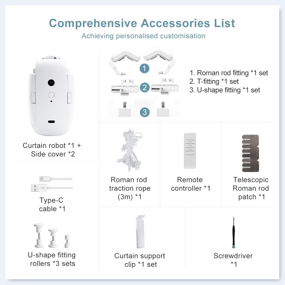 1 Pcs Electric Curtain Opener with Remote Control: Roman rod/T-track/U-rail Motorized Curtains Quiet Operated Automatic Curtain Opener, Intelligent Curtain Robot for Home Office 9