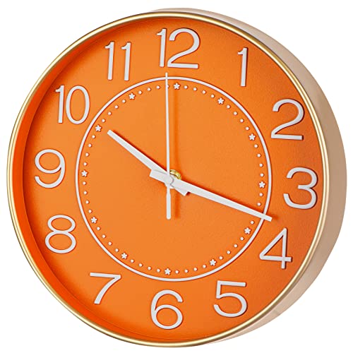Image of HZDHCLH Small Wall Clocks Battery Operated,Quartz Movement,Silent Non Ticking Modern Wall Clock for Living Room Bedroom Kitchen Office School Classroom Decor(10 inch,Orange & Gold) | for Living Room, Bedroom, Kitchen, Office, School Classroom Decor (Orange & Gold)