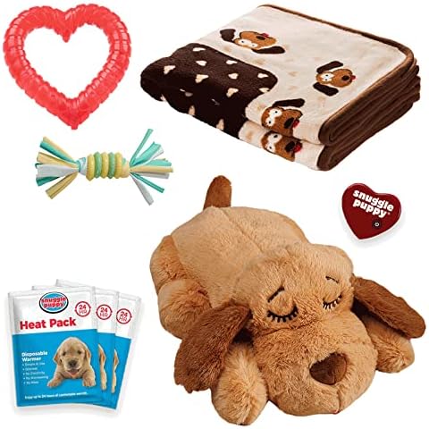 Original Snuggle Puppy Essentials Starter Kit. Heartbeat Dog Toy and Calming Aid with 3 Heat Packs, Puppy Teething Toy, Dog Chew Toy and Dog Blanket. Cover