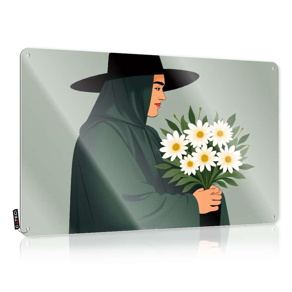 Lover Decor Tin Plate Sign For Wall Office - Bar Rules Pre-drilled & Vintage | Metal Signs Outside Home : A Woman In Black Hat Holding Bouquet Of White Flowers.