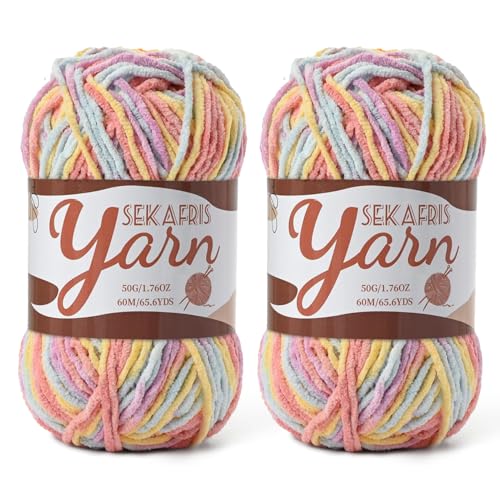 Image of 2 Pack Fluffy Velvet Yarn for Crocheting,Baby Blanket Yarn for Crocheting Soft,100g(131yds) Amigurumi Yarns,Plush Chenille Crochet Yarns,Puzzle Yarn for Crochet Weaving Craft(2 Macaron)