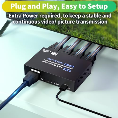 Image of BolAAzuL 1x4 HDMI Splitter 4K 1 in 4 Out HDMI Splitter' Hub Audio Video Distributor Box 4 Way HDMI Duplicator Adapter with Power for 4 Monitors Mirror Display Multi-Screen for TV PS3 PC DVD Projector