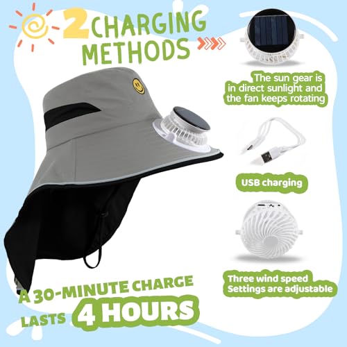 Solar Fan Hat for Kids Smile Face Bucket Hat with Neck Flap Wide Brim Sun Hat for Boys and Girls3