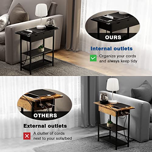 Sauce Zhan Sofa Side Table With Usb Ports And Outlets, Narrow End Table With Storage Shelf For Small Spaces Bedside Nightstand With Charging Station For Living Room, Bedroom, Black #TOP1
