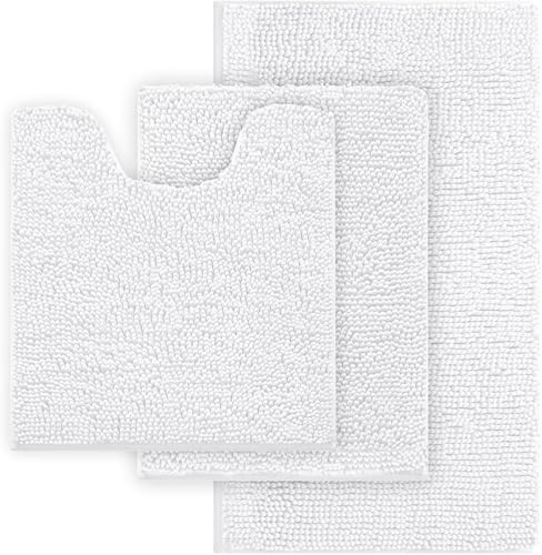 COMPOLICY 3 Piece Bath Mat Set, White Non Slip Chenille Bathroom Mats, Washable Anti-Yellowing Super Absorbent Toilet & Shower Rug Set