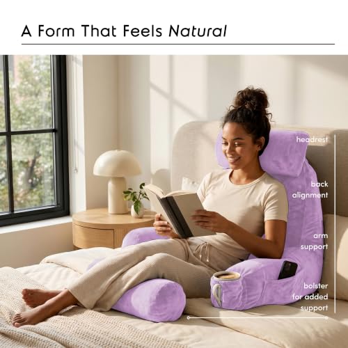 Image of Nestl Reading Pillow with Shredded Memory Foam Includes 2 Neck and Lumber Support Pillows, Designed for Sitting Up in Bed and Couch, Back and Arms Adjustable Support for Adult & Teens, Lavender