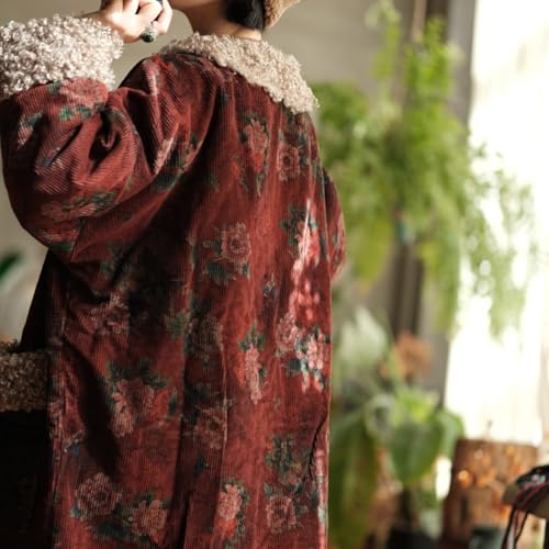 NFYM Women's Warm Parka Flower Print Quilted Long Jacket Faux Shearling Lamb Wool Trim Corduroy Winter Jacket2