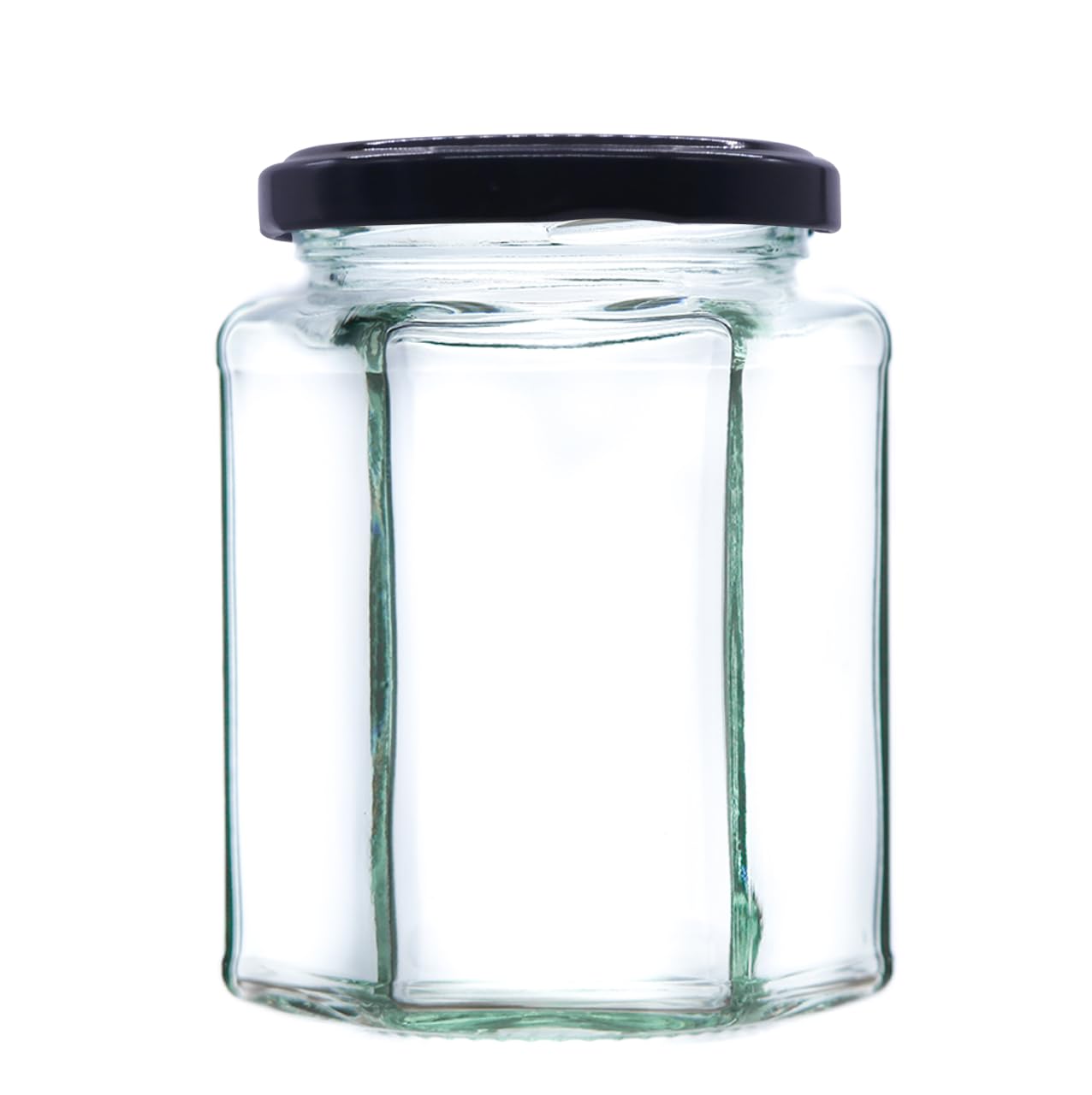 340g (280ml) Hexagonal Glass Jam Jars - Marmalade, Honey hex Jar (Black Lid, Pack of 36)