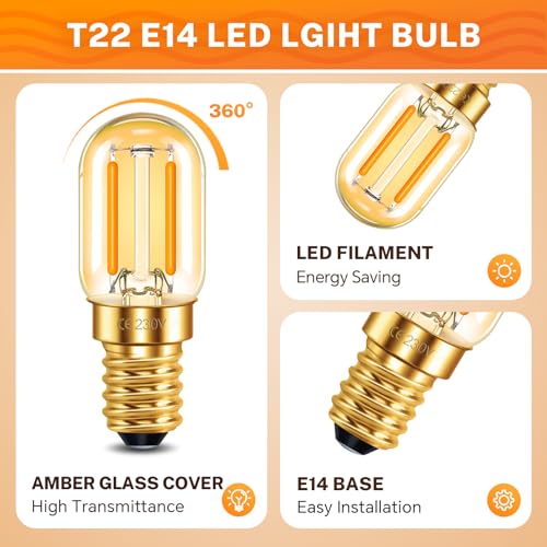 SCNNC T22 E14 LED Light Bulb 1W Warm White 2200K, Amber Glass Mini Tubular E14 LED Filament Vintage Light Bulb - Image 3