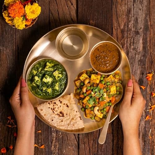 Image of Pure Kansa Dinner Set 5 Pieces | Bronze Thali Set 12 Inch Plate, 2 Bowls, 1 Glass, 1 Spoon | Handcrafted Ayurvedic Kansa Utensils | Matte Finish | Gift for Diwali Wedding Housewarming