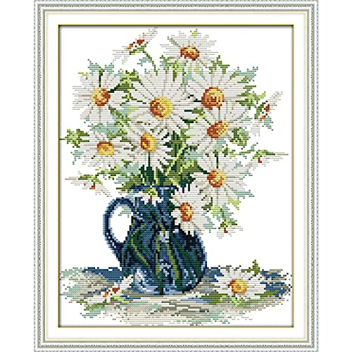Kits de punto de cruz estampados para principiantes, gama completa de costura de cruz preimpresa patrón para niños o adultos, kits de iniciación de punto de bordado, jarrón de margarita, 38 x 45 cm