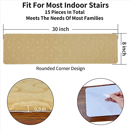 Chiyuns Non Slip Carpet Stair Treads For Wooden Steps Indoor, 8 X 30 (15 Piece) Stair Runners For Wood Stairs, Stair Runner Rugs Safety For Dogs Kids Elders And Pets With Reusable Adhesive, Beige #TOP1