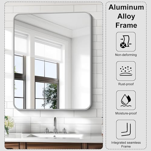 Image of KOCUUY Silver Bathroom Mirror, 30x36 Inch Bathroom Mirror for Over Sink, HD Tempered Glass, Anti-Rust Brushed Silver Frame, Rounded Corner Modern Design for Bathroom, Hang Horizontal /Vertical