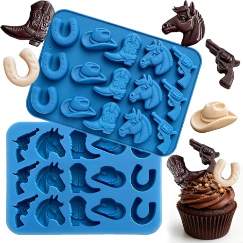 Cowboy Chocolate Molds 2PCS, Western Themed Silicone Baking Mold with Horse Head Boot Hat Saddle Design,15 Cavity Candy Molds for Gummy Cookies Fondant Jello Party Decor, Kitchen and DIY Craft