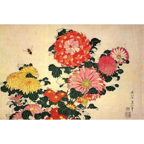 Hokusai Chrysanthème et abeille 76x101 estampe ukiyo-e poster