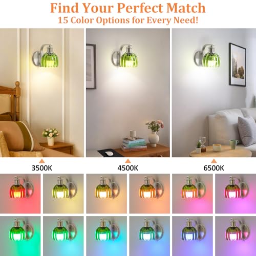 Image of Rechargeable Battery Operated Wall Sconce Set of Two with Green Glass Lampshade, Wireless Wall Scone Decor with Remote Control, 15 Colors Brushed Nickle Wall Light for Bedside Hallway Bedroom Doorway