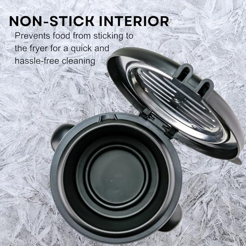 OVENTE Fritadeira elétrica com capacidade de 0,9 L com tampa de bloqueio, botão de temperatura ajustável, cesta de fritura removível e alça de toque frio, potência de 840 W, corpo de aço inoxidável - Imagem 5