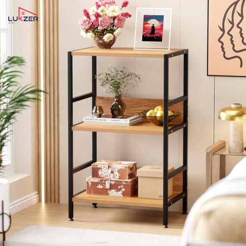 Image of Lukzer 3-Tier Wooden Bedside Table for Bedroom & Multipurpose Open Storage Shelf (MMR-006-Black & Oak Brown) Metal Side Tables for Living Room & Space-Saving Kitchen Organizer Rack (70 x 43 x 30 cm)