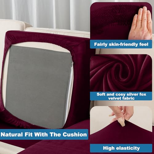 Image of Couch Cover 4-Piece Elastic Velvet Couch Cushion Covers & Chaise Slipcovers for L-Shaped Sofas, Sofa Seat Covers Washable, Soft Cover for Couches (3 Seater + Chaise, Wine)