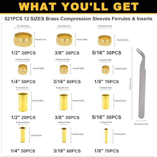 Image of Siptenk 520PCS Brass Compression Sleeves Ferrules Inserts Fittings Kit | 6 Sizes 1 /2 inch 3 /8 inch 5 /16 inch 1 /4 inch 3 /16 inch 1 /8 inch Air Brake Fittings for Air Water Fuel Oil with a Pair of Tweezer