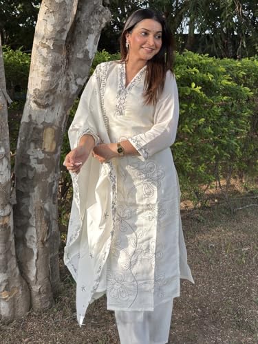 Image of VredeVogel Women's Silk Blend Embroidered Kurta Pant with Dupatta Set | Festive & Casual Summer Kurti with Pants for Party Office & Ethnic Occasions