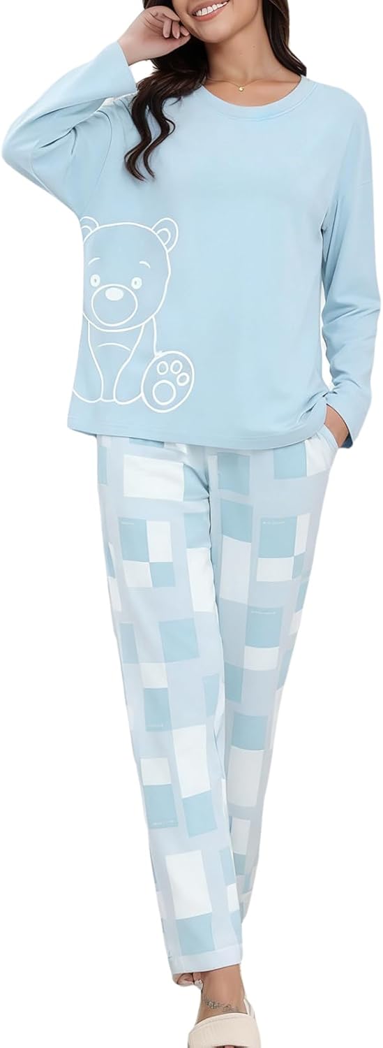 Womens Pajamas Sets Long Sleeve Lounge Sets with Pockets Soft Comfy Pajama Pjs Loungewear Sleepwear 2 Piece