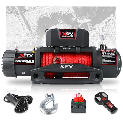 XPV AUTO Winch 10000 lb. Electric Winch Truck Winch Waterproof IP67 Electric Winch Synthetic Rope Kit with 2 Wireless Handheld Remotes and Wired Handle for 4WD 4x4 Off Road Vehicle Boat Truck