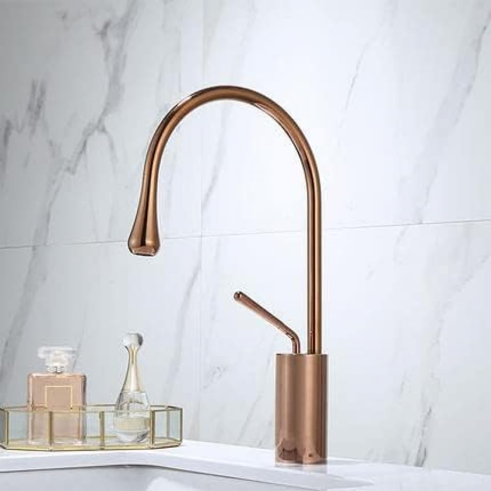 Mitigeur lavabo or rose moyen, design luxe et robuste pour une salle de bains moderne chic
