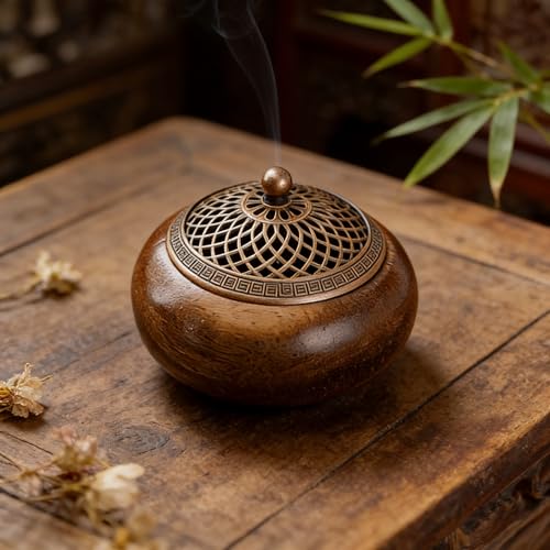 Round Wooden Incense Burner for Coil Stick Cone With Copper Lid