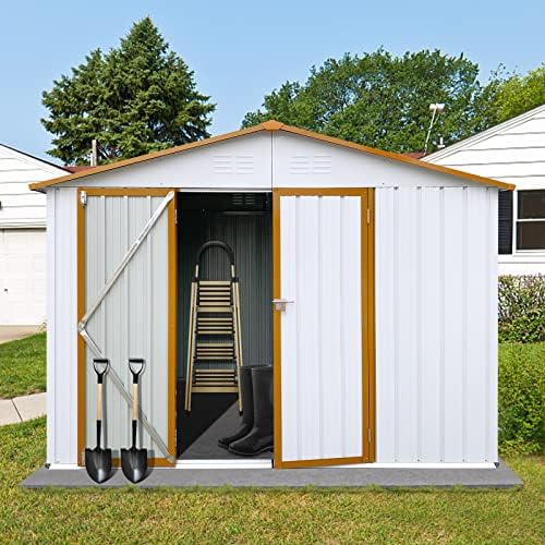 8Ft x 6Ft Shed Metal Outdoor Storage Shed Steel Utility Tiny House Kits Storage House with Door & Lock Metal Sheds Outdoor Storage for Backyard Garden Patio Lawn – 8×6 Ft (White + Yellow)
