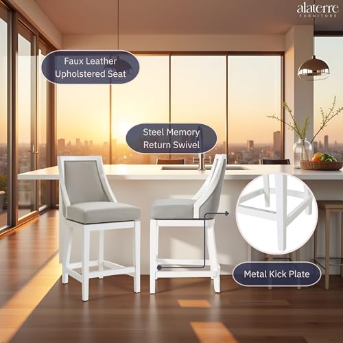 Image of Ellie Counter Height Swivel Stool with Back - 41 inch Tall Upholstered Barstool with Padded Seat, Solid Rubberwood Frame, Steel Memory Return, Metal Kick Plate - Kitchen Island & Home Bar Chair (White)