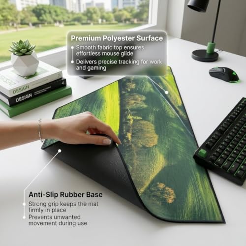 Image of Saco XXL Gaming Mouse Pad for PC - Large Desk Mat 900x400x3mm, Extended Non-Slip Rubber Base, Waterproof Surface, Lush Green Landscape Design, Big Keyboard Mouse Pad for Office & Home Setups