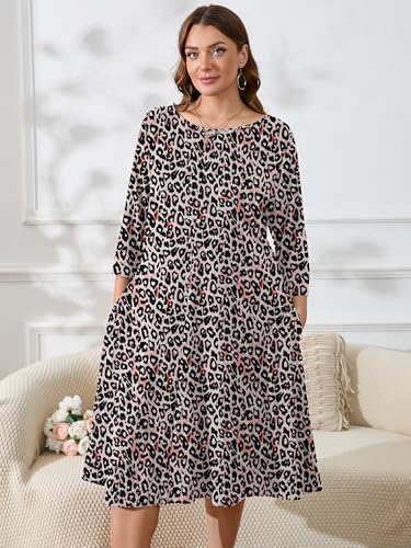 Image of AusLook Women's Plus Midi Dresses Crew Neck A Line 3 /4 Sleeves Casual Elegant Loose Wedding Vacation Dress with Pockets
