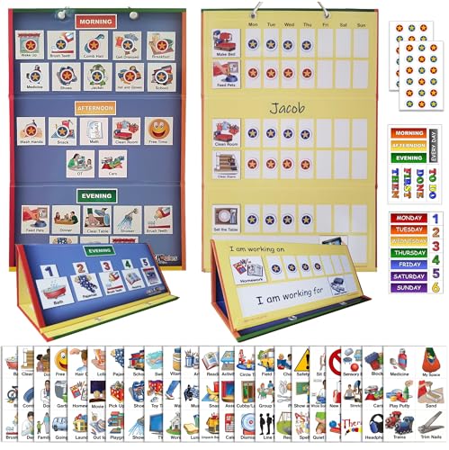 SchKIDules Deluxe Magnetic Visual Schedule & Reward Chart w/189 Colorful Magnets & Reversible 18” Folding Board for Daily Routines, Chores, Behavioral Supports, Kids Calendar, ADHD & Autism Icons