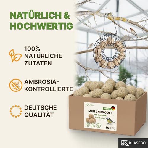 Premium Meisenknödel mit Insekten, 100 Stück (9kg) – Ganzjähriges Wildvogelfutter, Natürliche Zutaten, Ganzjährige Fütterung, Körnerfresser Delikatesse