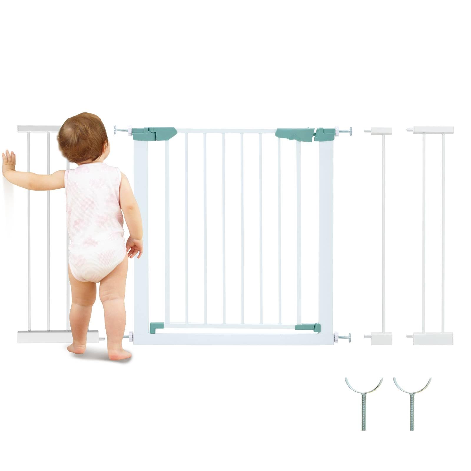 GYMAX Baby Safety Gate, 80-132cm Stair Gates with Walk-thru Door, Dual Locks and Pressure Mount System, Metal Extra Wide Walk Through Pet Gate for Kids & Pets
