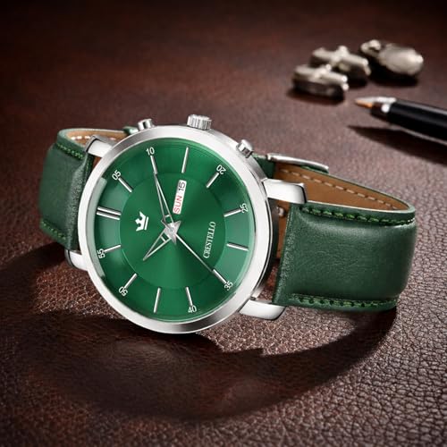 Image of CRESTELLO Brown /Green /Black Leather Strap Analog Wrist Watch with Day-Date Display for Men (Silver /Green /Brown /Black Dial) | CR-WT210