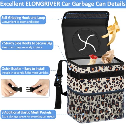 Image of ELONGRIVER Car Trash Can Bin for Back Seat Leak Proof, Cute Car Trash Bag Hanging, Vehicle Trash Can for SUV Truck Van, Automotive Garbage Cans Front Seat Leopard Print, 2 Gallons