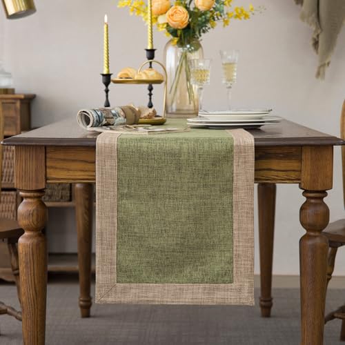 GLORY SEASON Solid Bordered Retro Table Runner Classic Textured Linen Style Rustic Washable Long Tablecloth Farmhouse Tea Table Runner Dresser Scarves for Kitchen Dining Room Olive Green 14x72 Inch