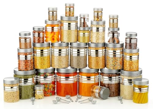 Image of SwissHome Plastic Pet Storage Jar and Container, Set of 24 With Spoons Air Tight | Kitchen Use Organiser Improved Model Silver line Printed