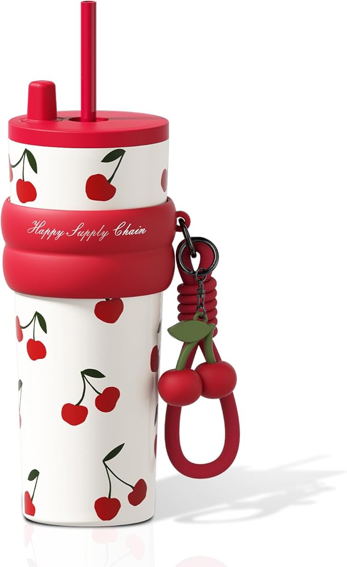 24 oz Stainless Steel Tumbler with Lid and Straw, Insulated Water Bottle Leak Proof for Hot and Cold, Portable Travel Coffee Mug, Reusable Coffee Cup for Women, Cherry