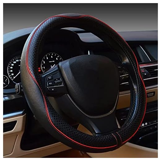 Car Steering Wheel Cover, Anti-Slip, Safety, Soft, Breathable, Heavy Duty, Thick, Full Surround, Sports Style (Black with Red line)