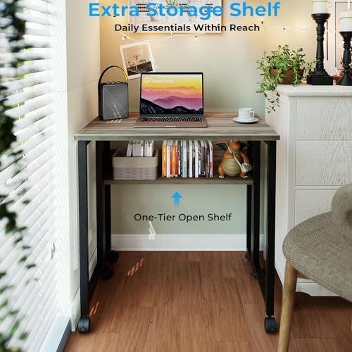 Miniatura 5 de Greenforest Pequeño Escritorio Plegable Con Estante De Almacenamiento Y Ruedas,Mesa Para El Ordenador, Fácil De Montaje Y Ahorro De Espacio Para Officina,Lavado Gris