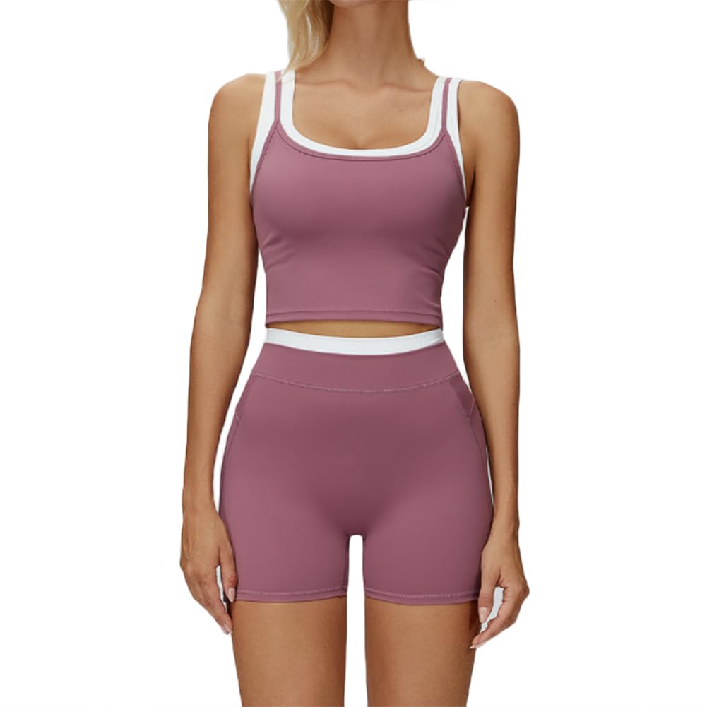 JPXJGT Women's Yoga Set High-Waisted Outdoor Leisure City Fitness Sports Set with Pockets(Size:M,Color:Light pink)