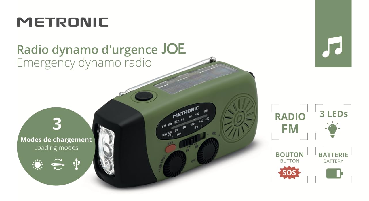 Metronic Radio FM Przenośne Solarne Ładowanie 2000mAh Dynamo - Stanowisko z przyciskiem SOS Awaryjne - Funkcja Latarki LED - Zielony i czarny - 477216