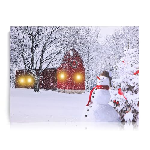 NIKKY HOME 16" x 12" Christmas LED Lighted Canvas Wall Art Prints Light Up Red Barn House Snowman and Christmas Tree Picture Winter Snow Scene for Holiday Decor